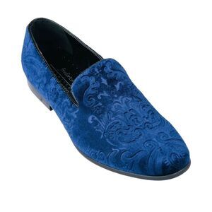 MEN'S FREDERICO LEONE BLUE SLIP ON VELVET JACQUARD TUXEDO SHOE.